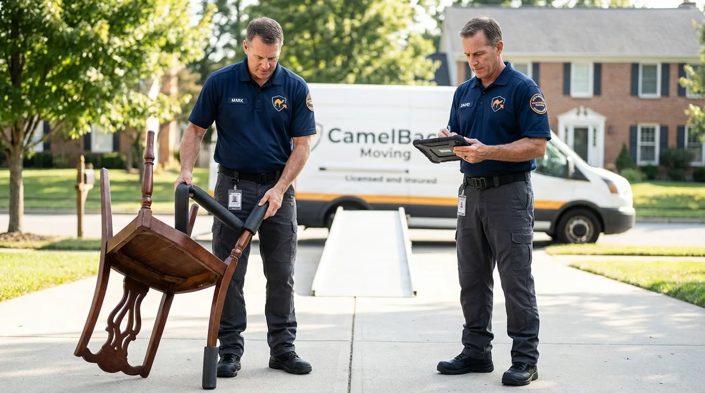 Movers inspecting furniture for damage prevention before loading in Orange Beach, AL